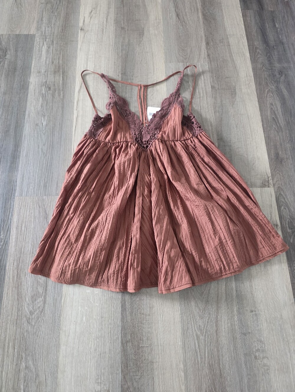 Free People Women's Brown Lace Trim Gauze Mini Dress Size L